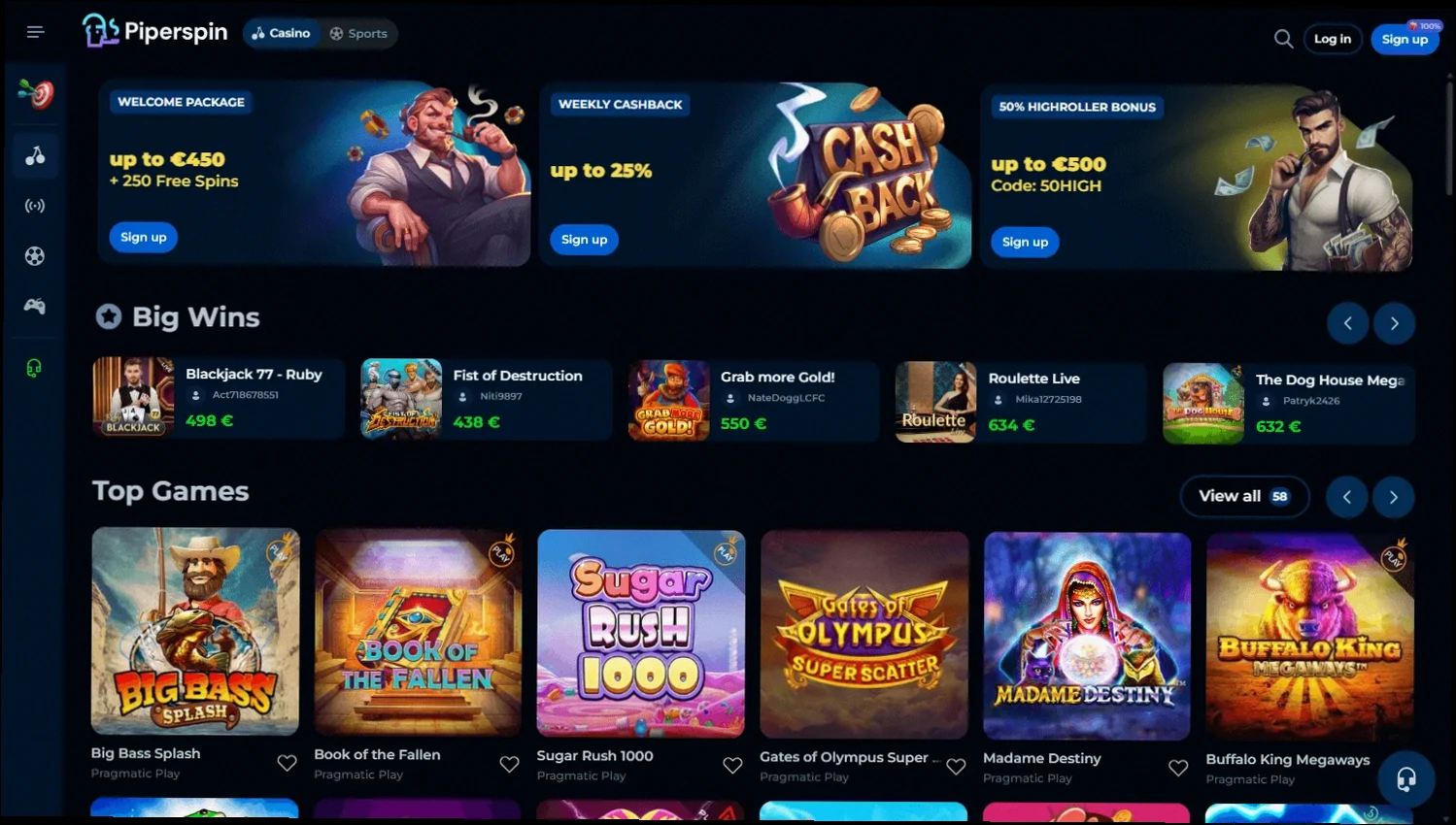 Piperspin Casino welkomstbonus 200% tot €1.000 en 150 gratis spins